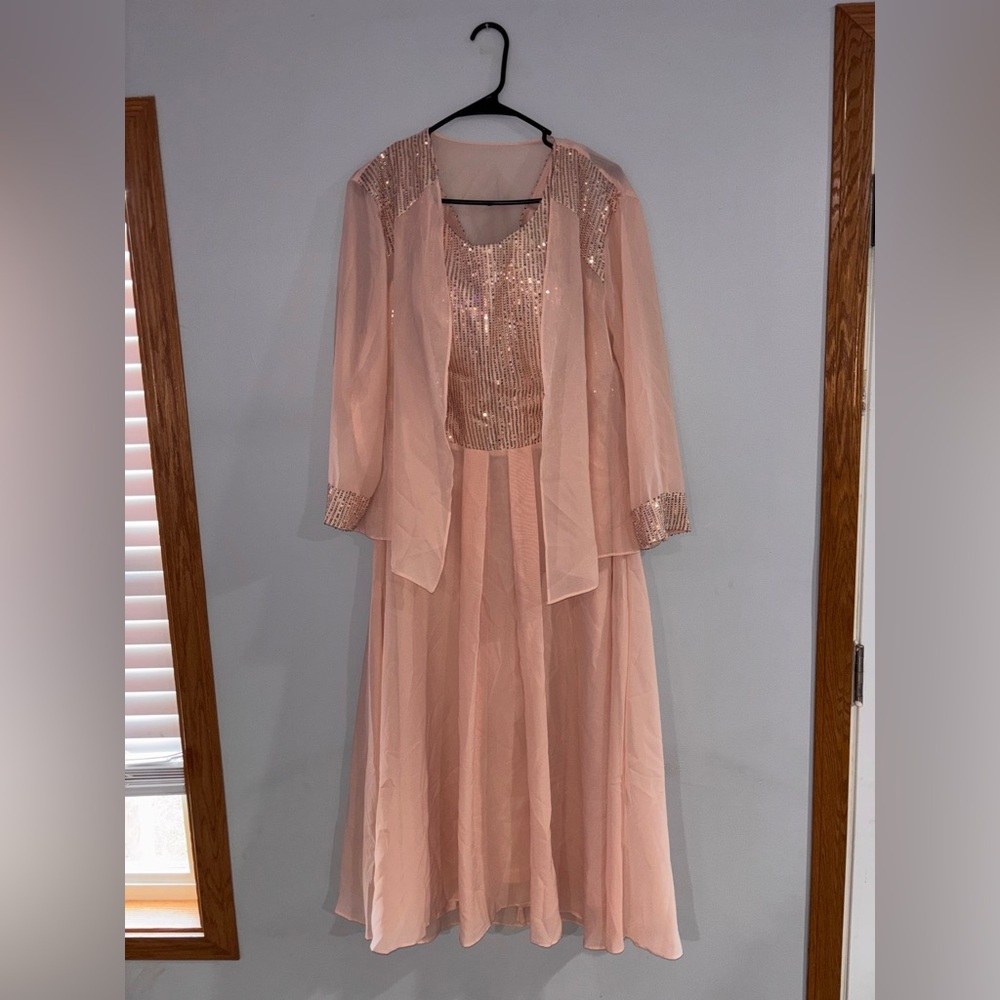 Elegant Blush Pink Midi Dress with Sequin Bodice and Jacket